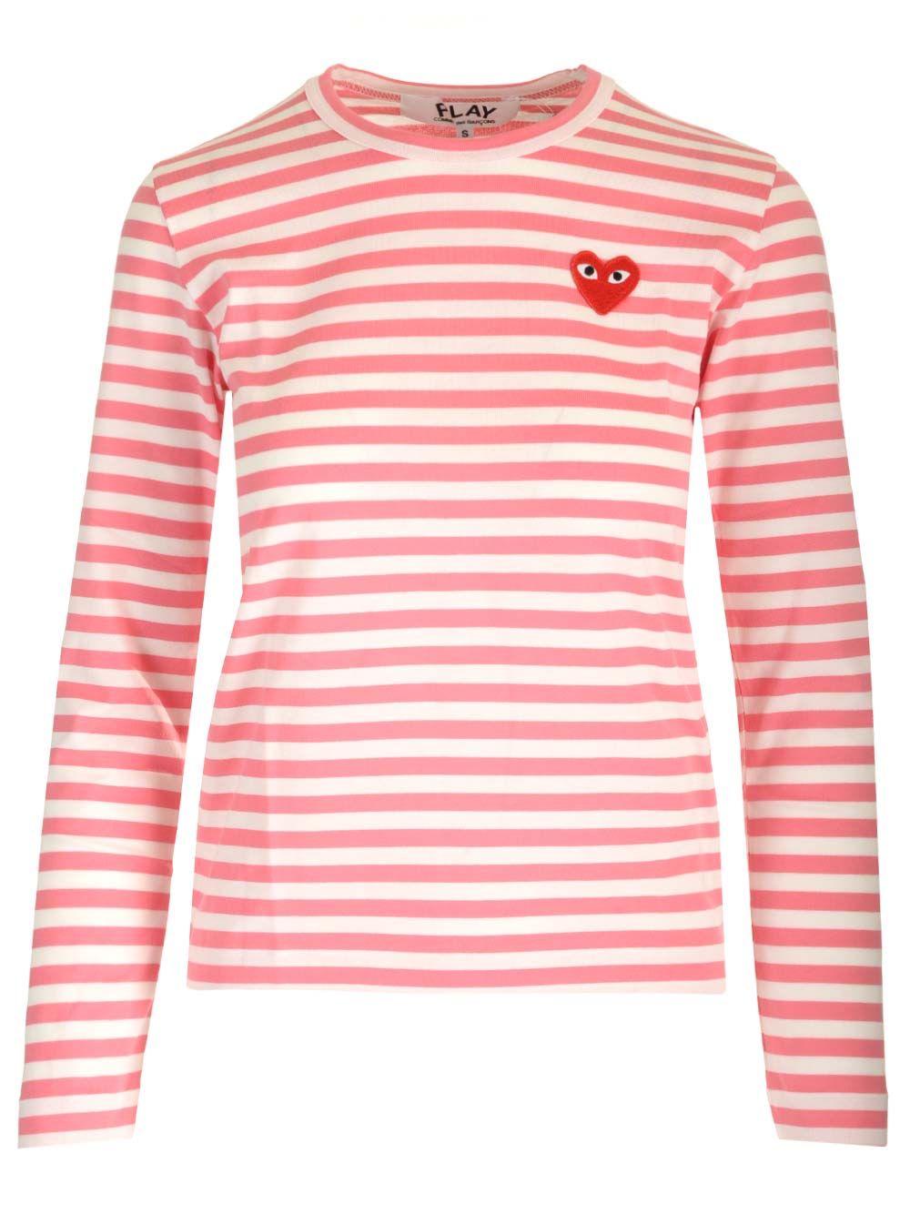 ロング スリーブ クルー ネック Tシャツ ウィズ ホワイト アンド ピンク ストライプ ウィズ スモール レッド ハート