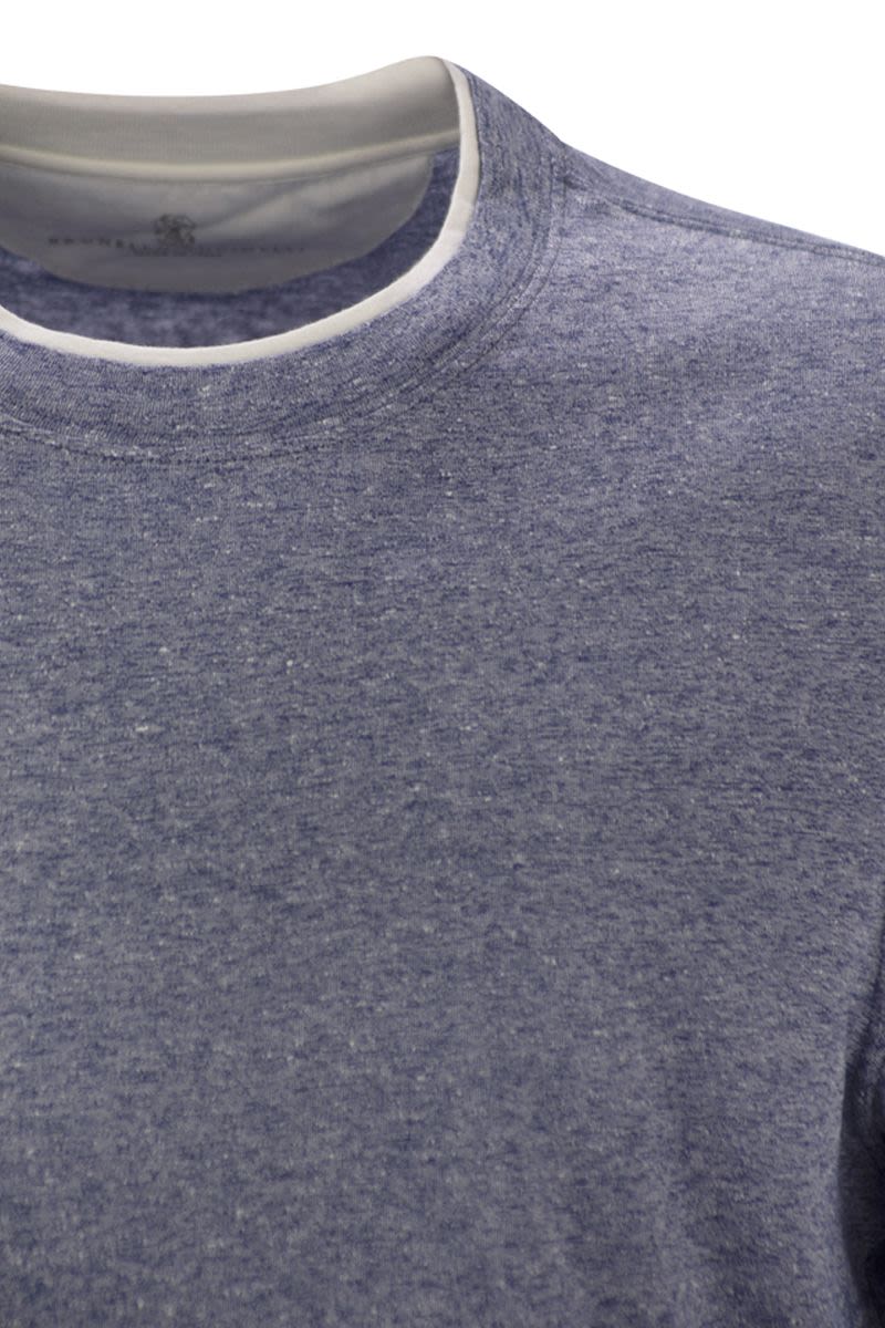 クルーネック Tシャツ イン リネン アンド コットン ジャージ ウィズ フェイク
