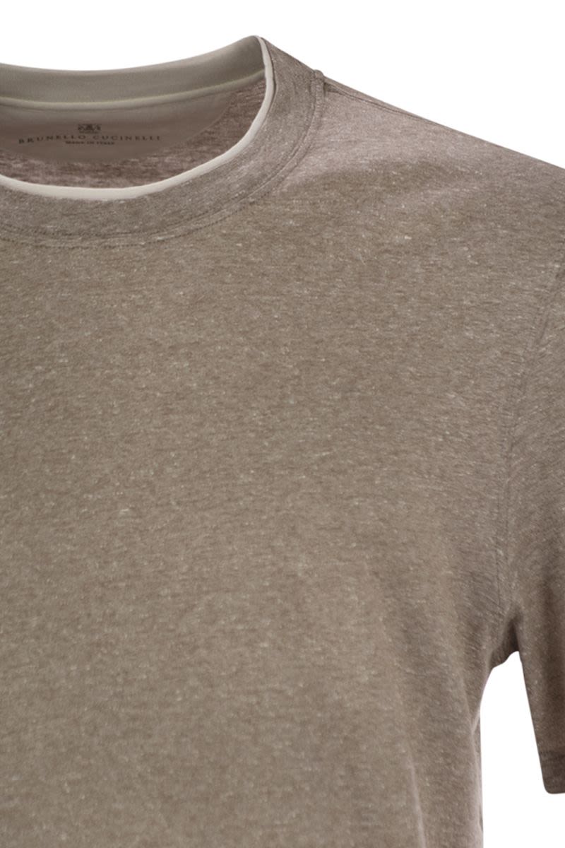 クルーネック Tシャツ イン リネン アンド コットン ジャージ ウィズ フェイク