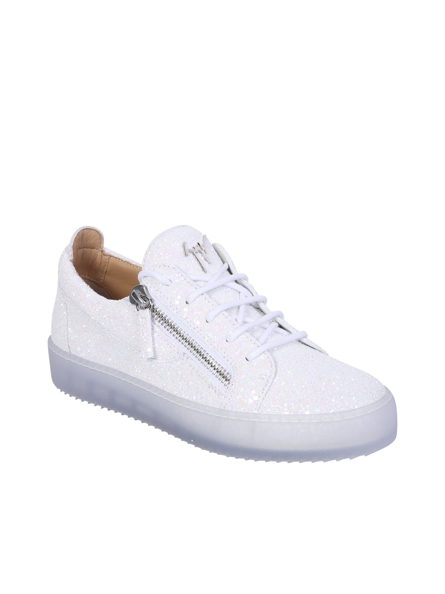 Giuseppe Zanotti ローカット スニーカー クラフト ホワイト グリッター ファブリック ウィズ ホワイト コットン レース