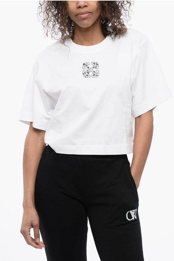 クルーネック クロップ Tシャツ ウィズ ラインストーン エンブリッシュ ロゴ
