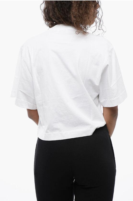 クルーネック クロップ Tシャツ ウィズ ラインストーン エンブリッシュ ロゴ