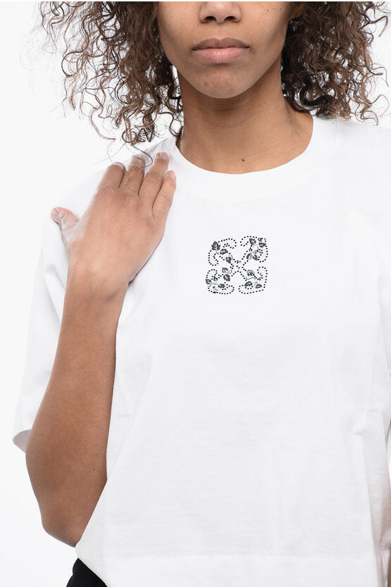 クルーネック クロップ Tシャツ ウィズ ラインストーン エンブリッシュ ロゴ