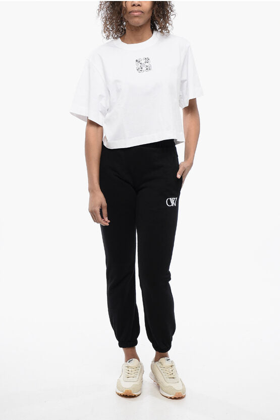 クルーネック クロップ Tシャツ ウィズ ラインストーン エンブリッシュ ロゴ