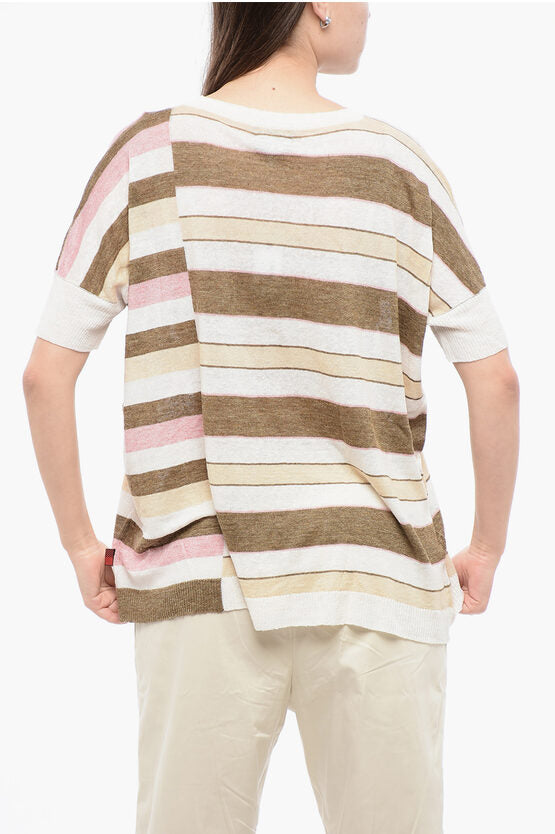 ストライプ リネン クルー ネック Tシャツ