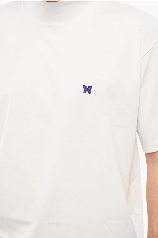 ソリッド カラー モックネック Tシャツ ウィズ バタフライ エンブロイダリー