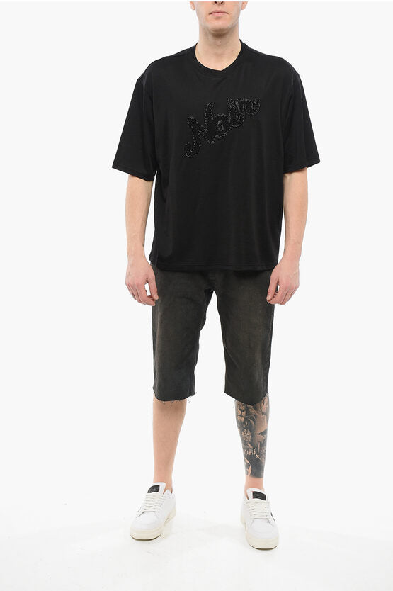 コットン ブレンド ノワール Tシャツ ウィズ ビーズ エンブロイダリー