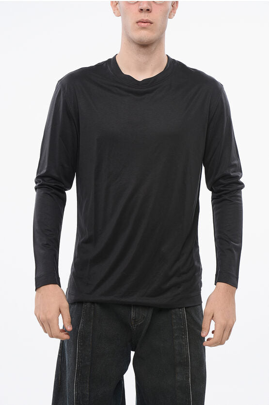 ロング スリーブ シルク ユニセックス クルーネック Tシャツ