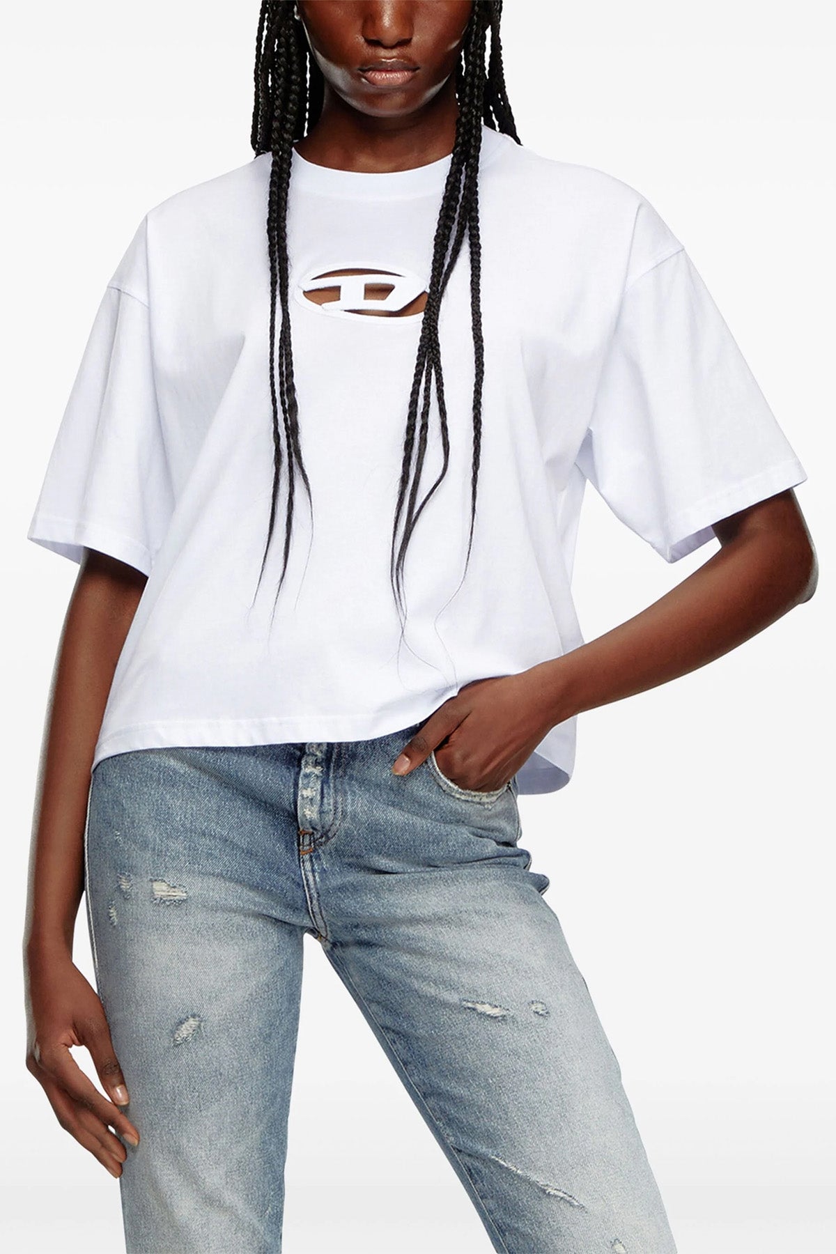 DIESEL>>ディーゼル T-Buxt-Crop-Od ボックスTシャツ Women's Boxy T-shirt with cut-out Oval D logo | Black | Diesel