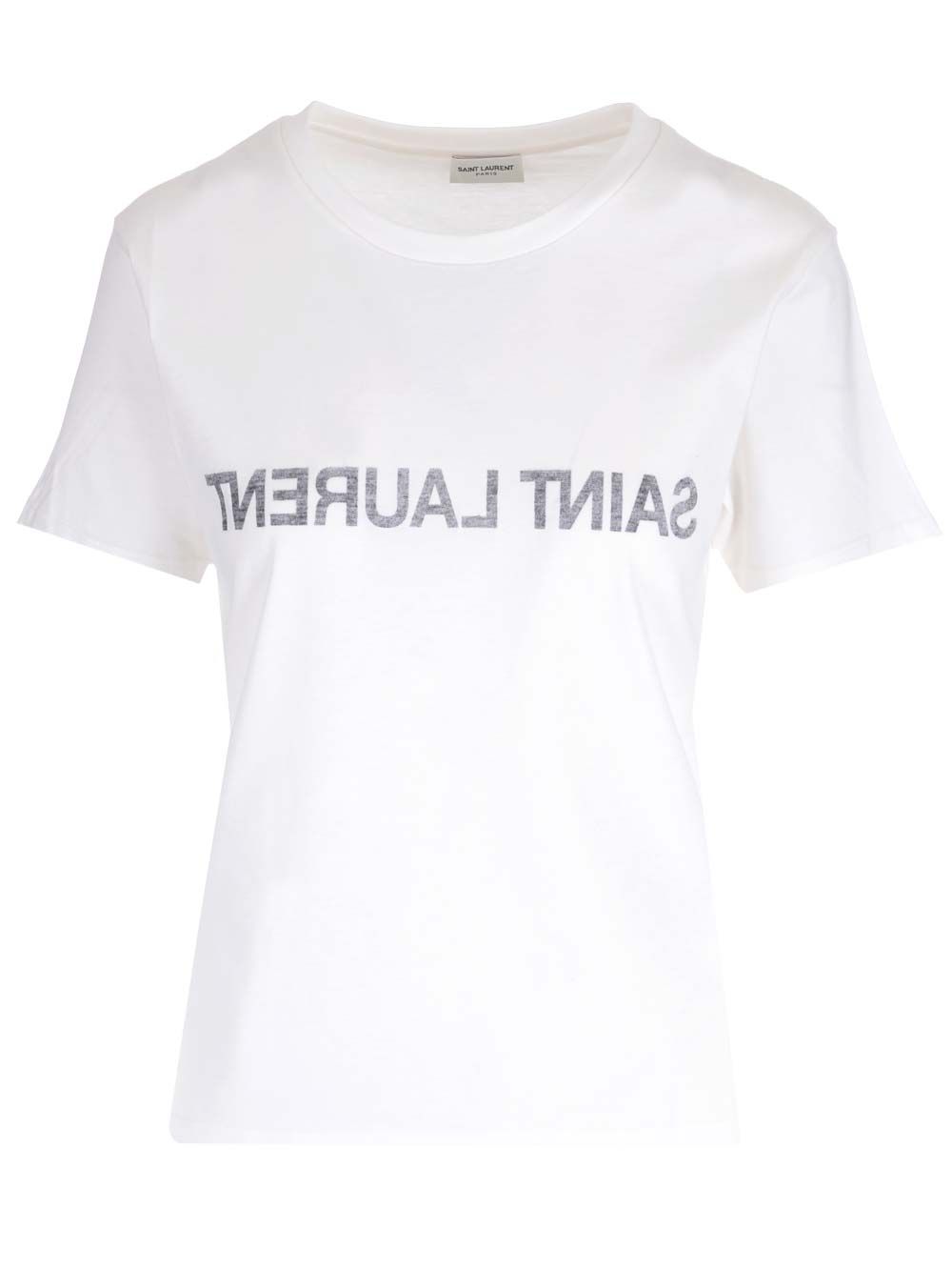 ホワイト Tシャツ サン ローラン イン コットン ウィズ リバース プリント ロゴ オン フロント アンド バック