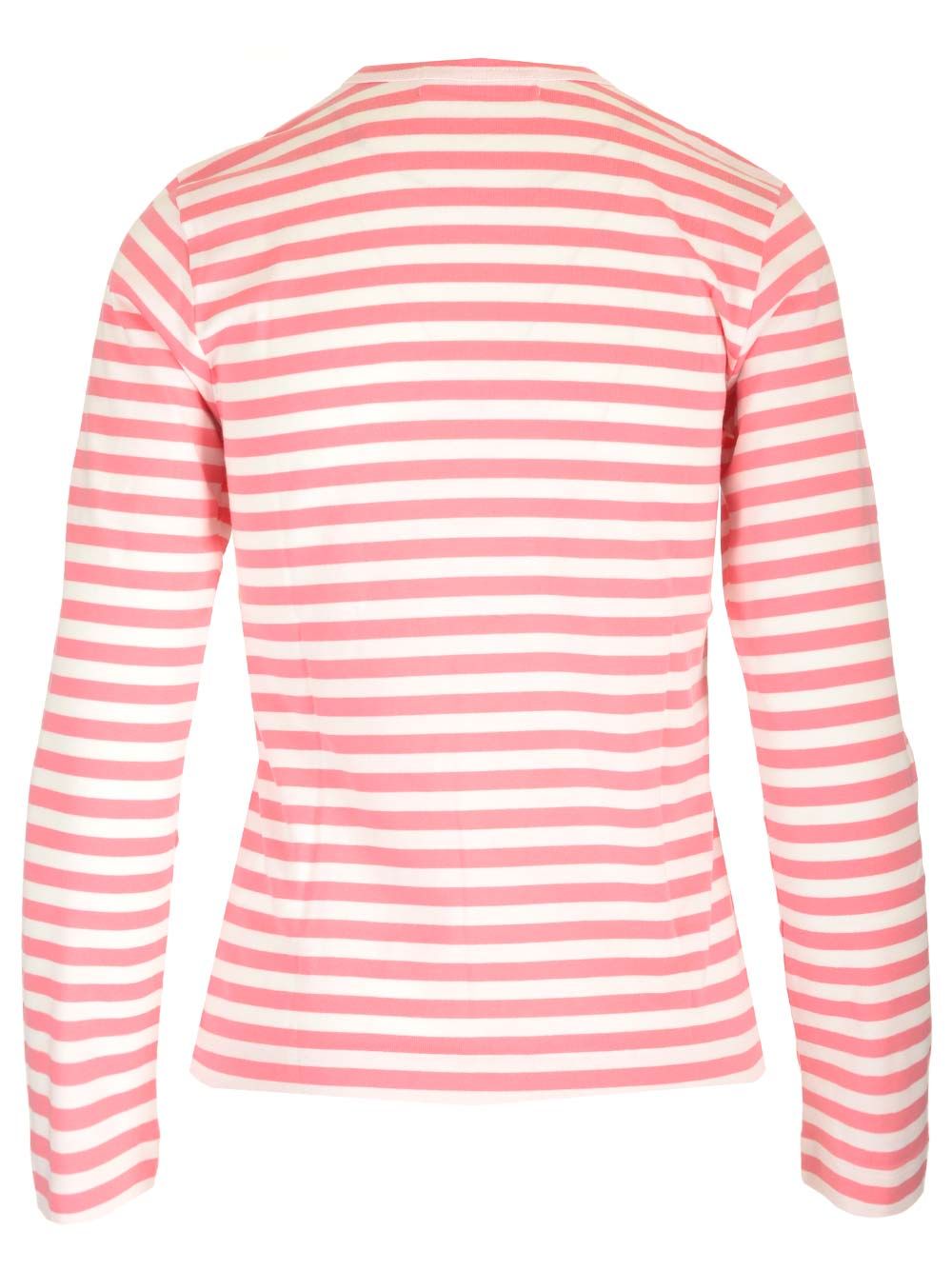 ロング スリーブ クルー ネック Tシャツ ウィズ ホワイト アンド ピンク ストライプ ウィズ スモール レッド ハート
