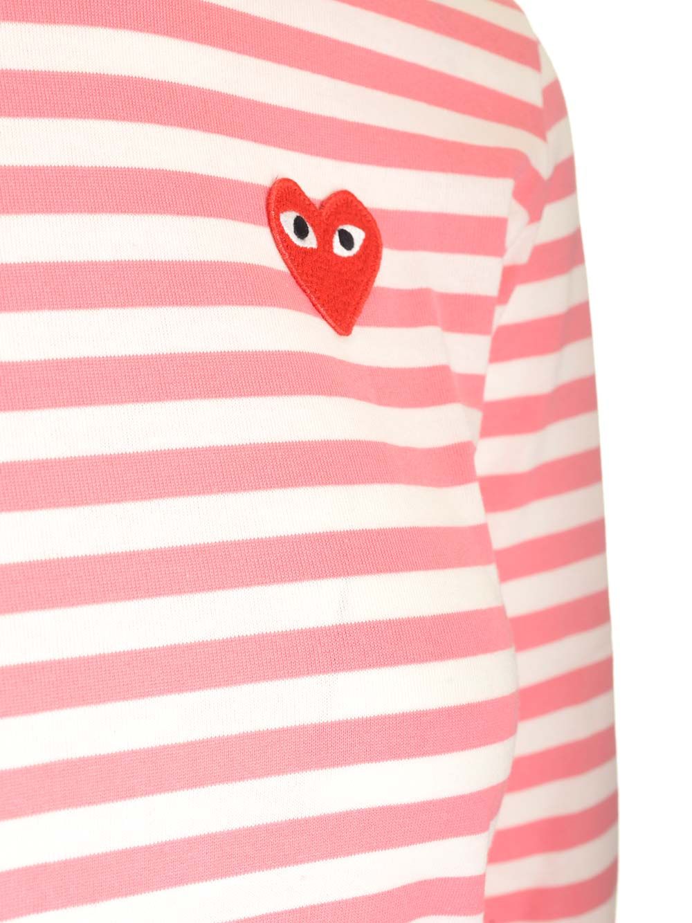 ロング スリーブ クルー ネック Tシャツ ウィズ ホワイト アンド ピンク ストライプ ウィズ スモール レッド ハート