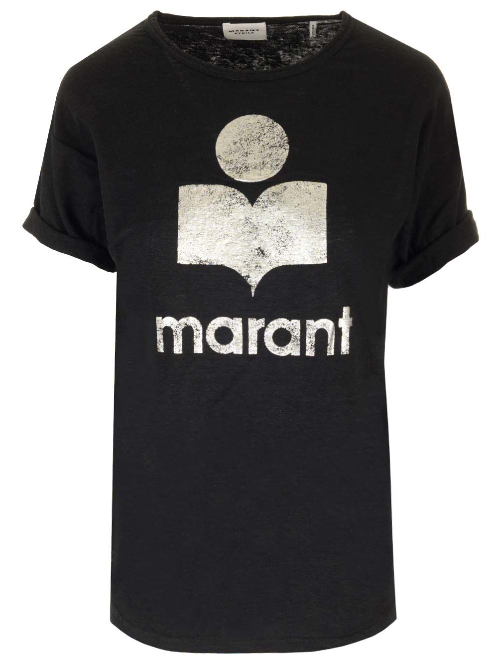 Tシャツ イン ブラック リネン ウィズ シルバー ロゴ マラン