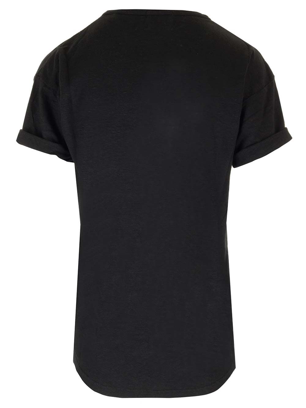 Tシャツ イン ブラック リネン ウィズ シルバー ロゴ マラン