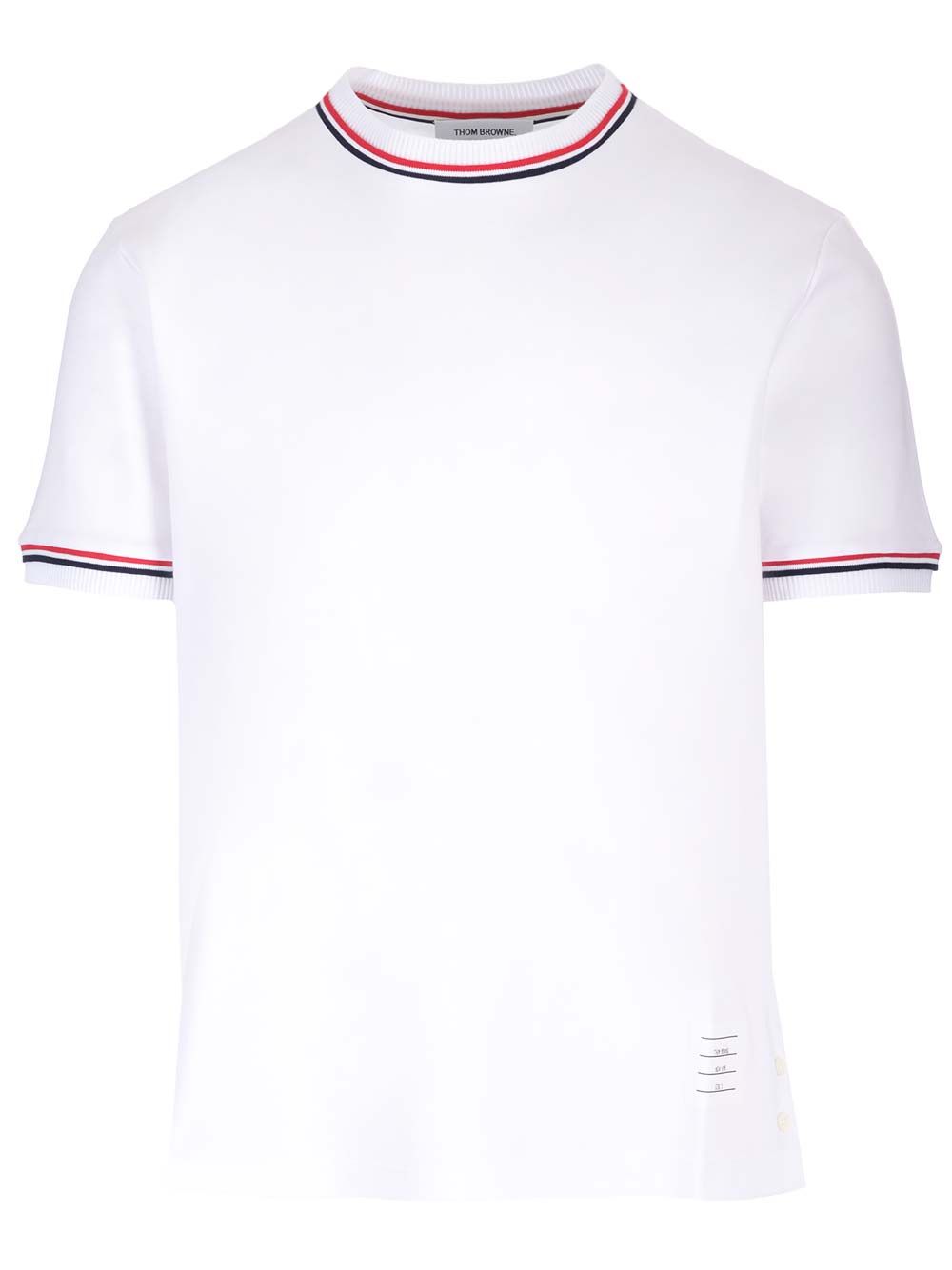ホワイト コットン スリム フィット Tシャツ トム ブラウン ウィズ レッド アンド ブルー ストライプ ディテール