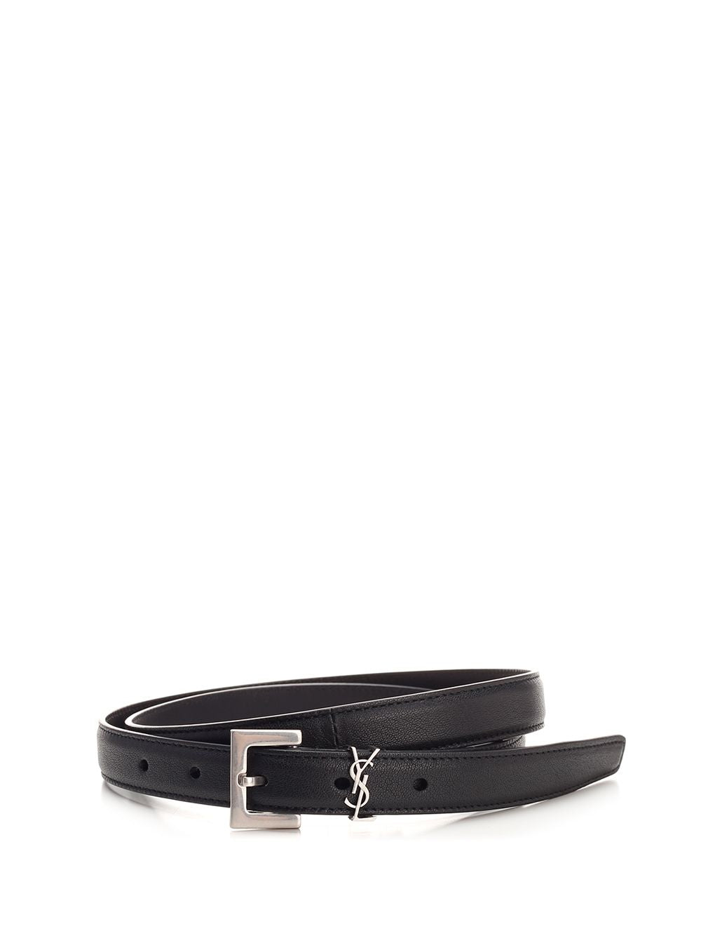ブラック レザー ベルト ウィズ シルバー メタル バックル アンド YSL ループ サン