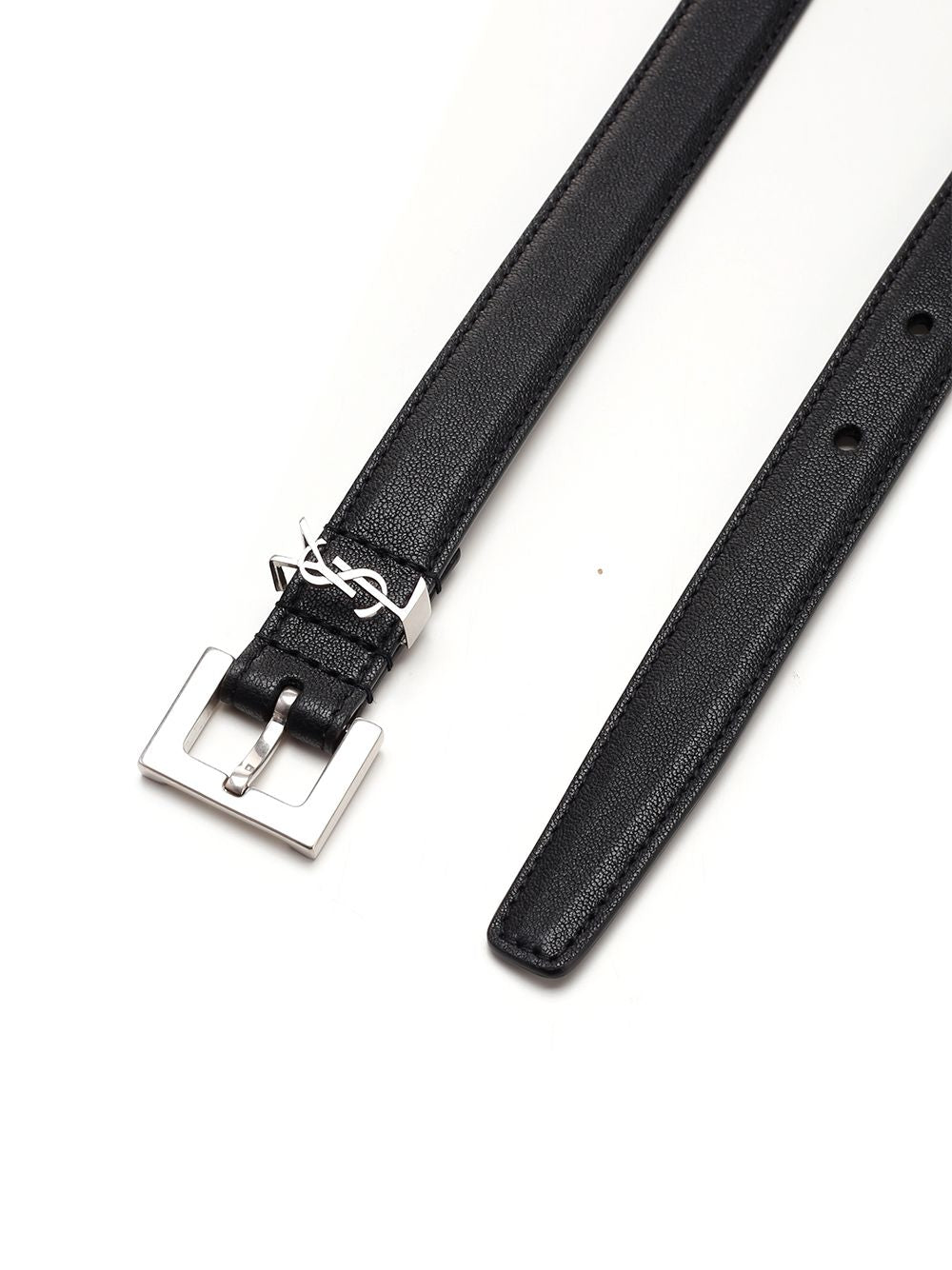 ブラック レザー ベルト ウィズ シルバー メタル バックル アンド YSL ループ サン