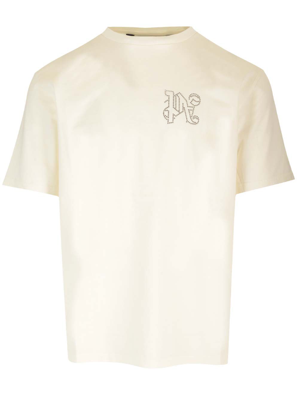 ホワイト ジャージ Tシャツ ウィズ ゴールデン スタッド モノグラム オン チェスト パーム