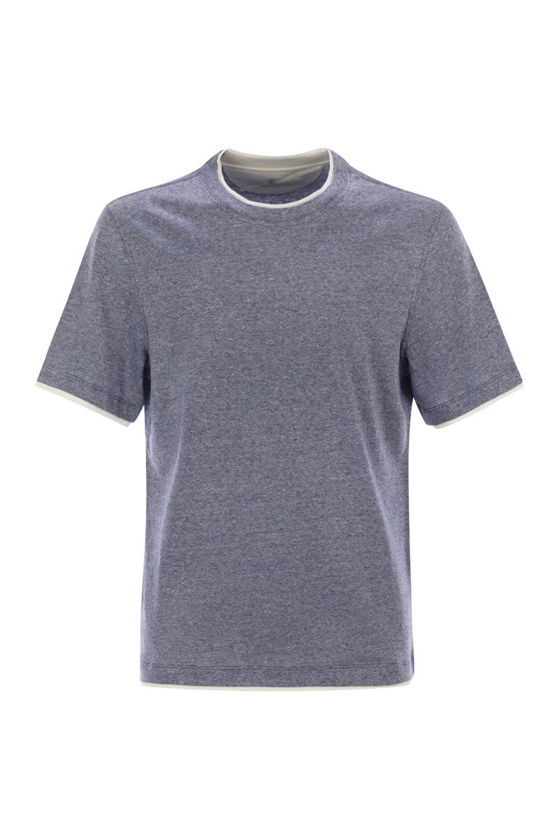 クルーネック Tシャツ イン リネン アンド コットン ジャージ ウィズ フェイク