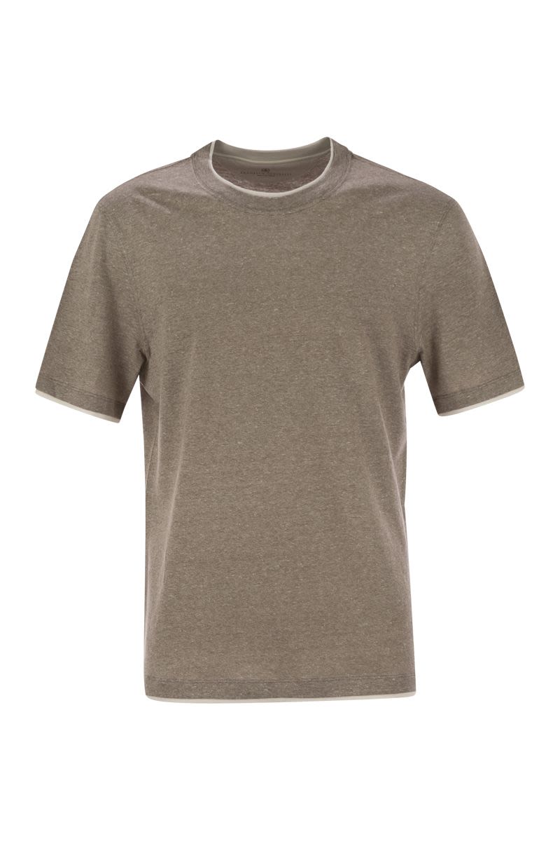 クルーネック Tシャツ イン リネン アンド コットン ジャージ ウィズ フェイク