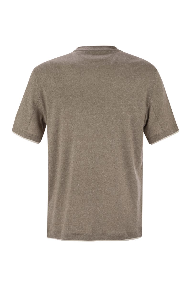 クルーネック Tシャツ イン リネン アンド コットン ジャージ ウィズ フェイク