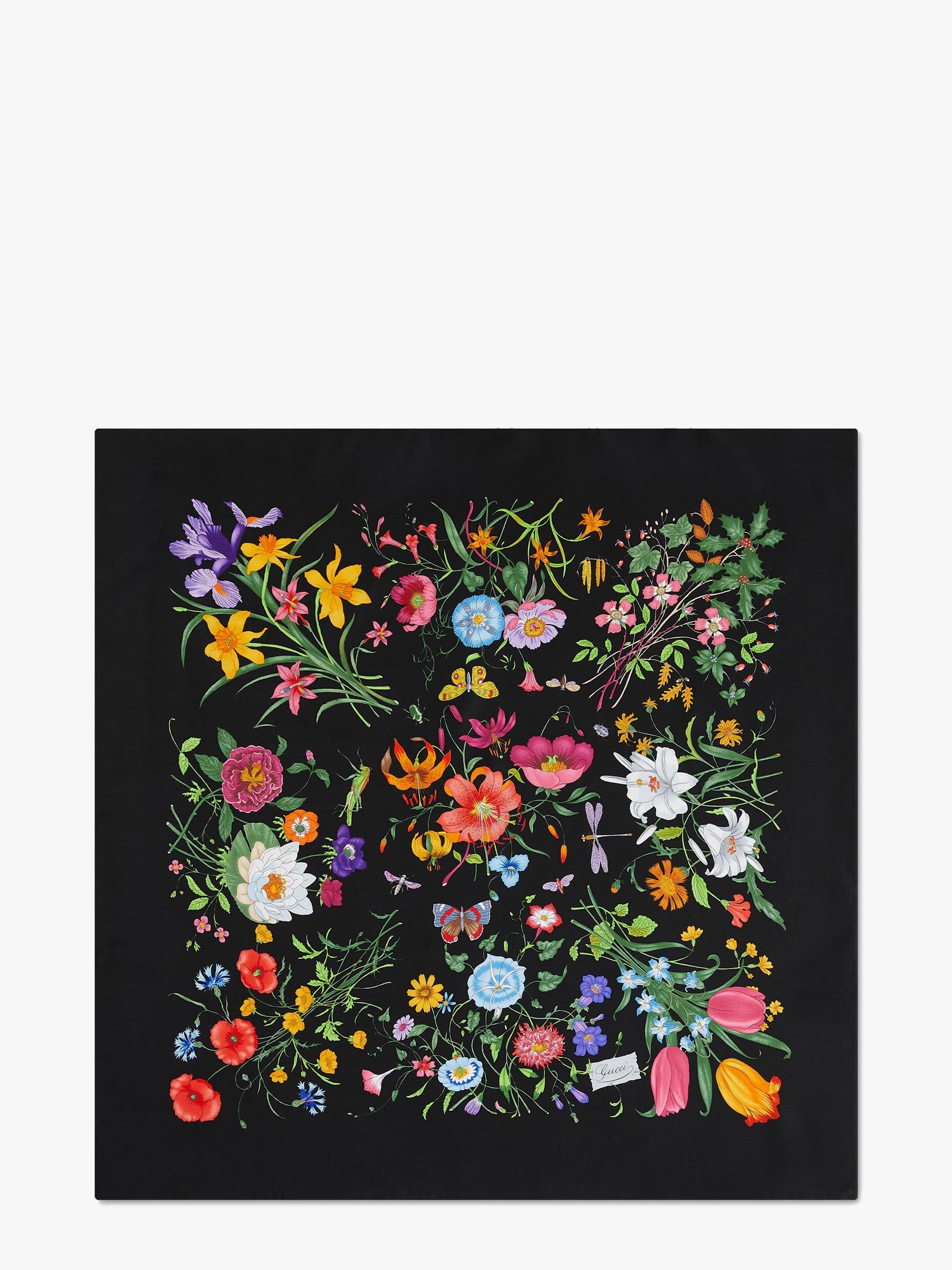 GUCCI フローラル シルク ツイルスカーフ プリント シルクツイル スカーフブラック＆マルチカラー | GUCCI公式