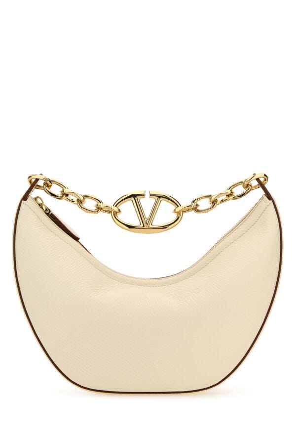 アイボリー レザー スモール HOBO Vロゴ ムーン ハンドバッグ