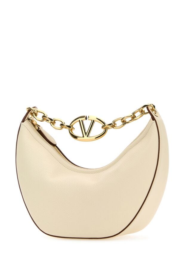 アイボリー レザー スモール HOBO Vロゴ ムーン ハンドバッグ
