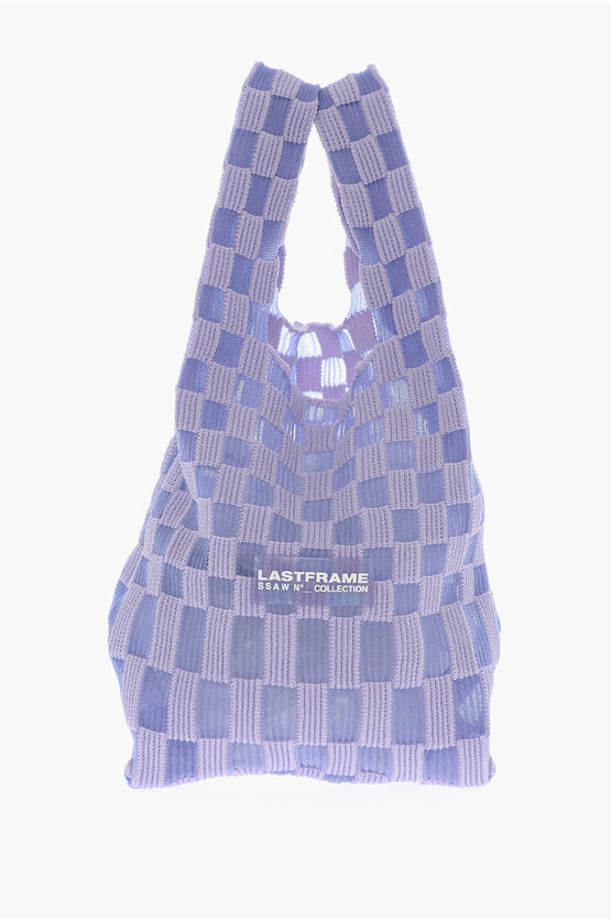 チェック ニット トート バッグ ウィズ フェイク レザー ショルダー ストラップ