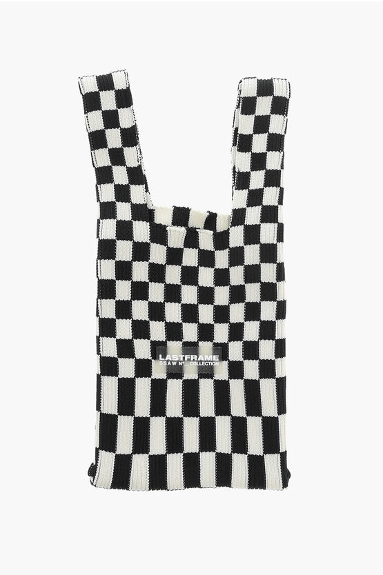 チェック ニット トート バッグ ウィズ フェイク レザー ショルダー ストラップ