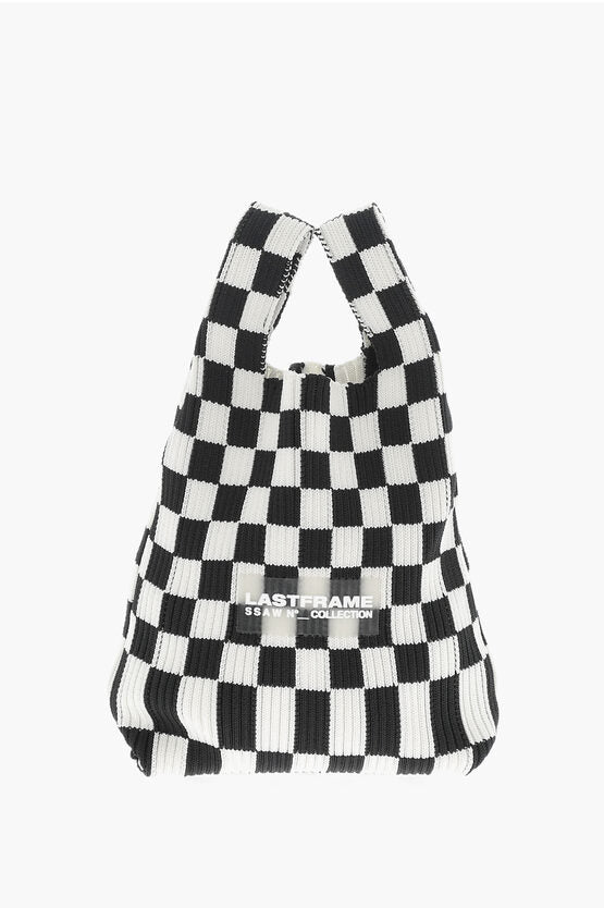 ニット チェック ミニ トート バッグ ウィズ フェイク レザー ショルダー