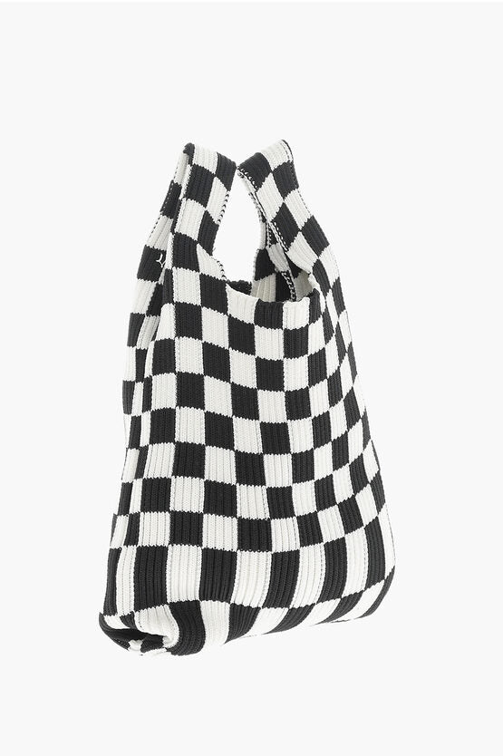 ニット チェック ミニ トート バッグ ウィズ フェイク レザー ショルダー
