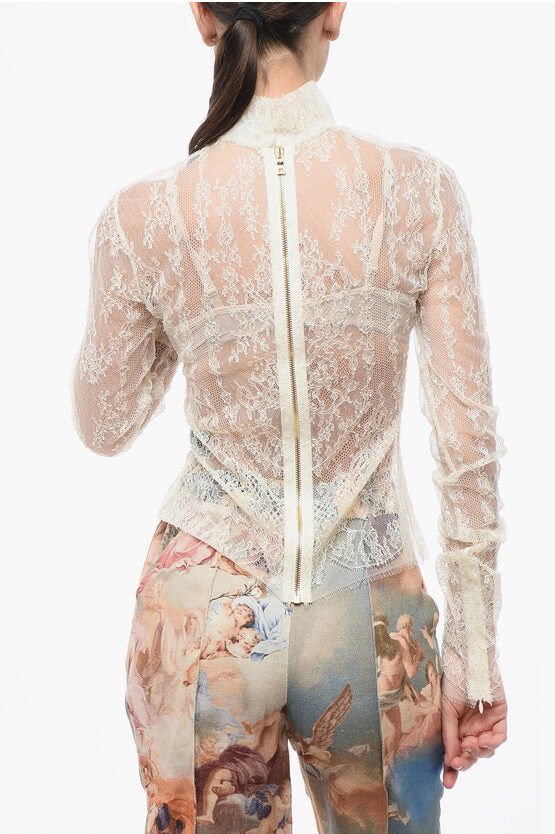 ロング スリーブ シースルー レース トップ ウィズ ジップ クロージャー