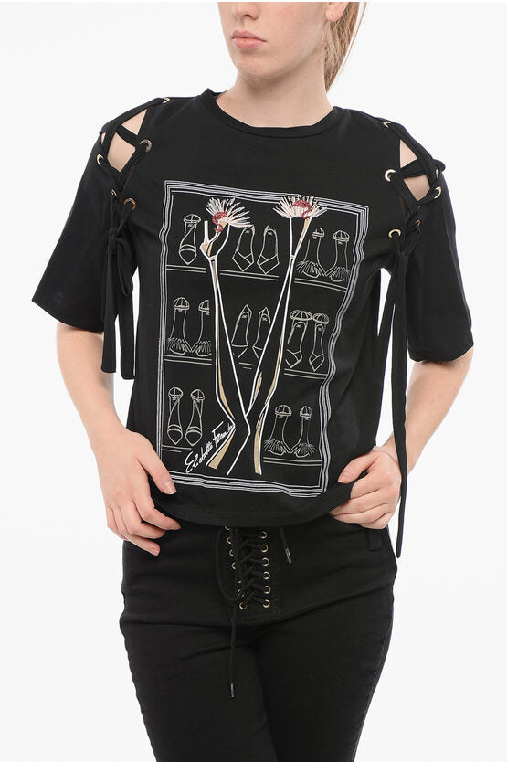 ジーンズ プリント Tシャツ ウィズ レースアップ ディテール