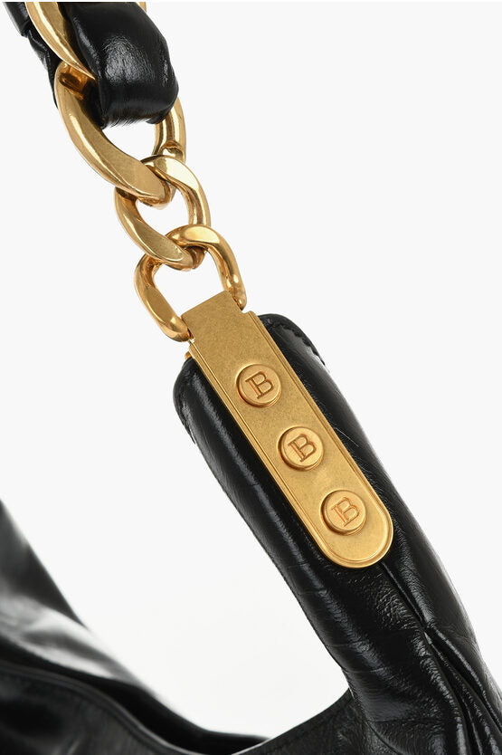 レザー HOBO バッグ ウィズ ゴールデン エフェクト アンド エンボス加工 ロゴ