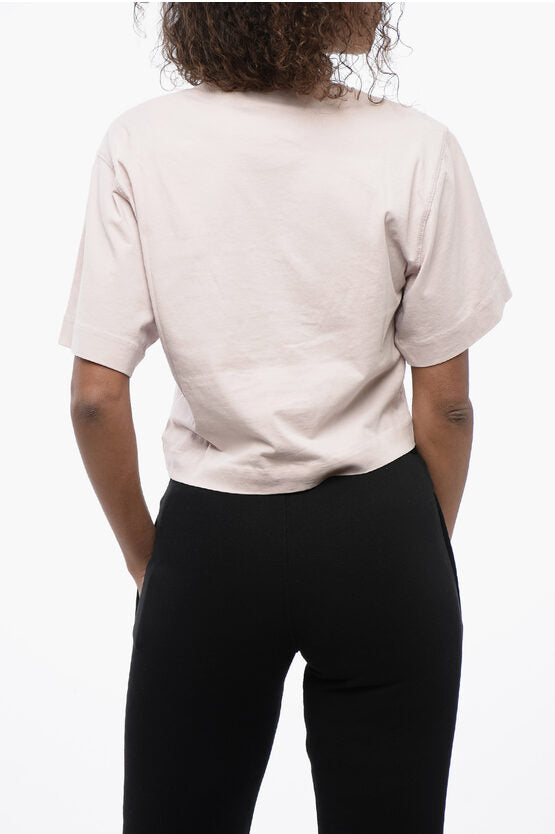 クルーネック クロップ Tシャツ ウィズ ラインストーン エンブリッシュ ロゴ
