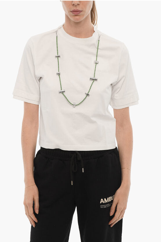 ソリッド カラー クルーネック Tシャツ ウィズ リムーバブル チェーン