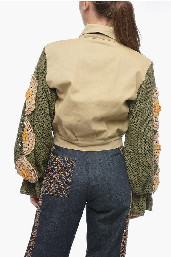 ボンバー フィット デニム ジャケット ウィズ クロシェ スリーブ