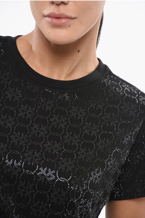 デニム オールオーバー ラインストーン コットン クルーネック Tシャツ