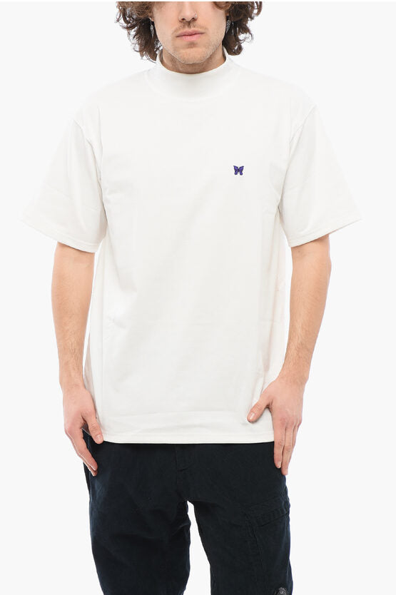 ソリッド カラー モックネック Tシャツ ウィズ バタフライ エンブロイダリー