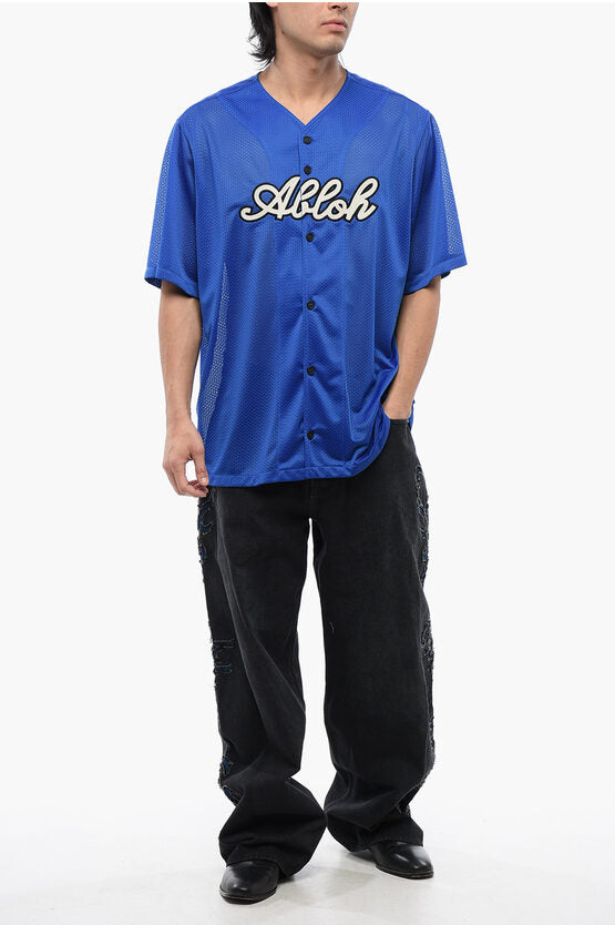 フロント エンブロイダード ベースボール メッシュ シャツ