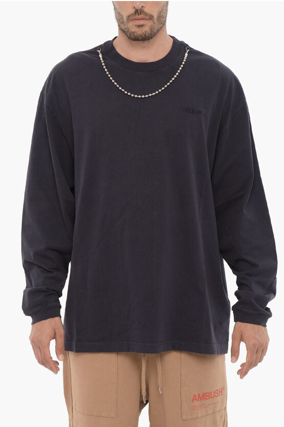 ロング スリーブ クルーネック Tシャツ ウィズ シルバートーン チェーン