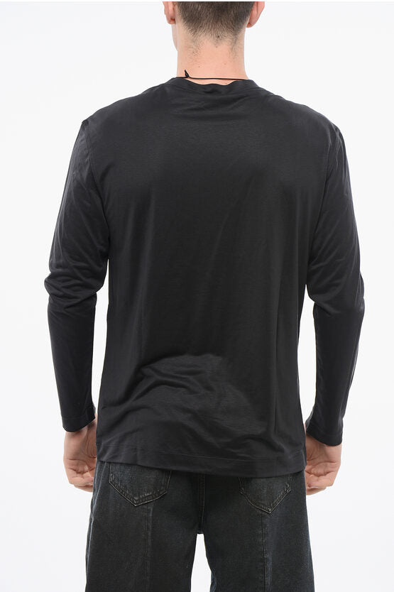 ロング スリーブ シルク ユニセックス クルーネック Tシャツ